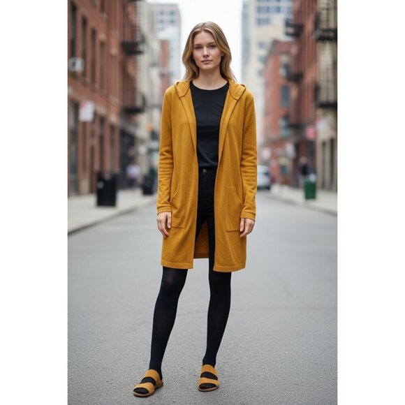 Cyrus Sweaters - Cyrus Women's Dark Mustard Long Hooded Cardigan